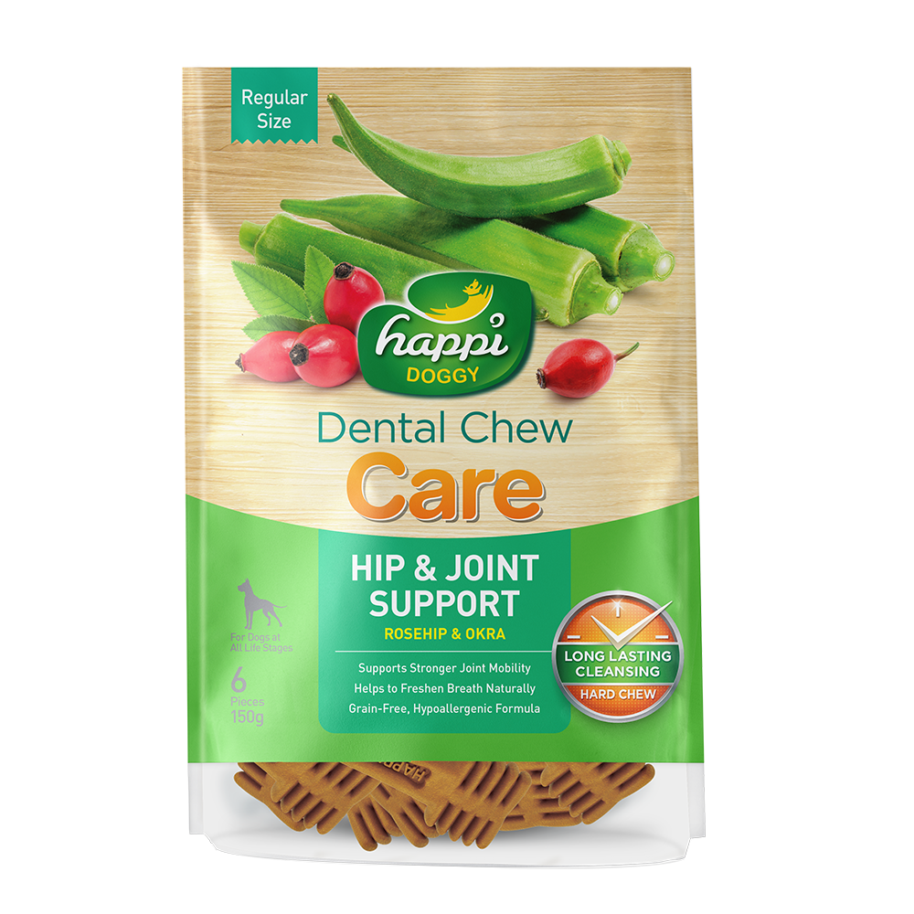 Happi Doggy Dental Chew Care Hard Chew Hip & Joint Support Rosehip & Okra Regular 150g