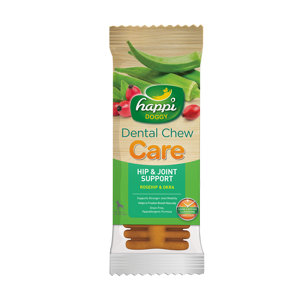 Happi Doggy Dental Chew Care Hard Chew Hip & Joint Support Rosehip & Okra Regular 25g