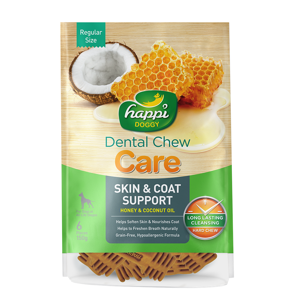 Happi Doggy Dental Chew Care Hard Chew Skin & Coat Support Honey & Coconut Oil Regular 150g