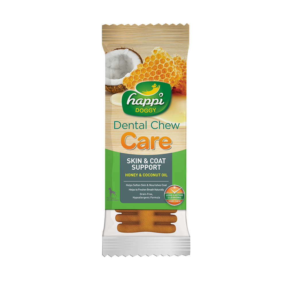 Happi Doggy Dental Chew Care Hard Chew Skin & Coat Support Honey & Coconut Oil Regular 25g