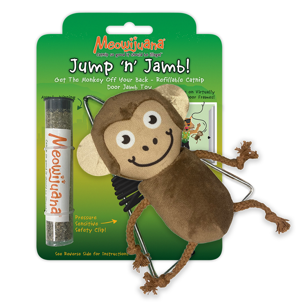 Meowijuana Cat Toy Jump 'n' Jamb! Get The Monkey Off Your Back Refillable Door Jamb Toy