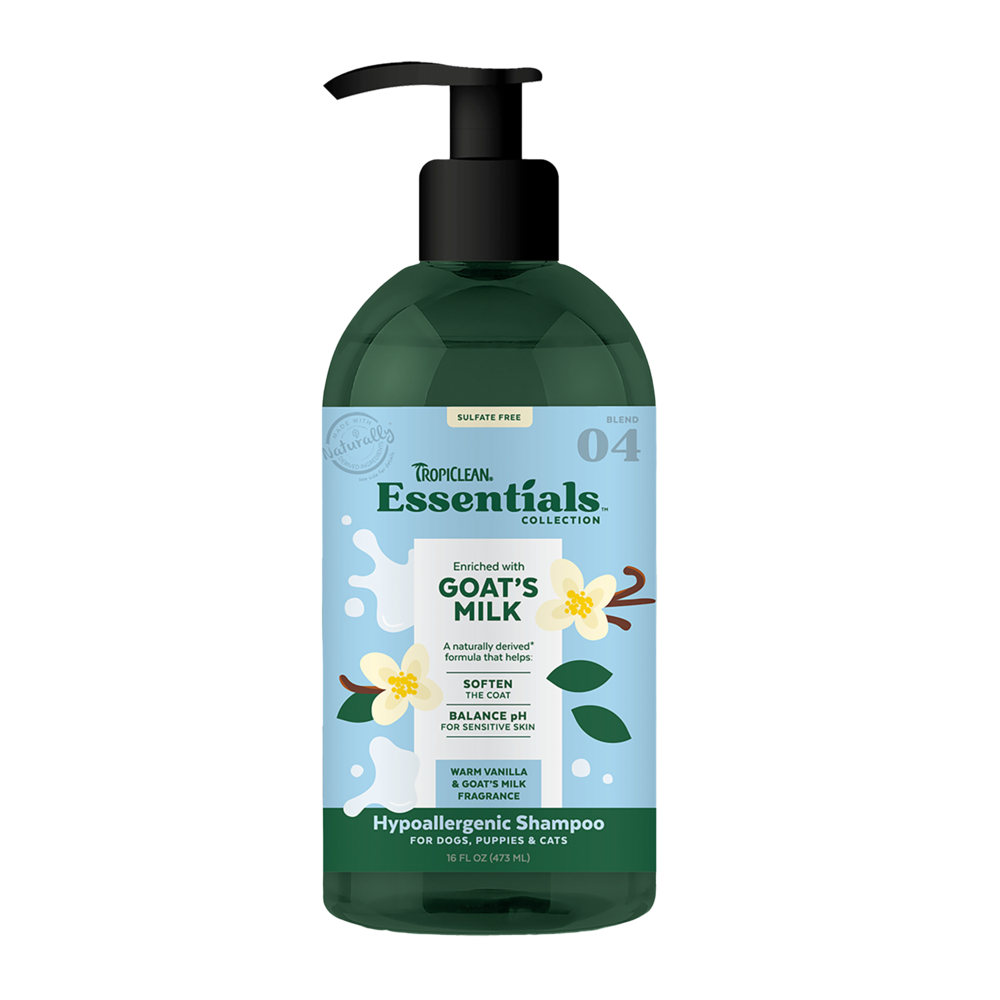 TropiClean Essentials Hypoallergenic Shampoo Goat's Milk - Warm Vanilla & Goat's Milk for Dogs, Puppies & Cats 16oz