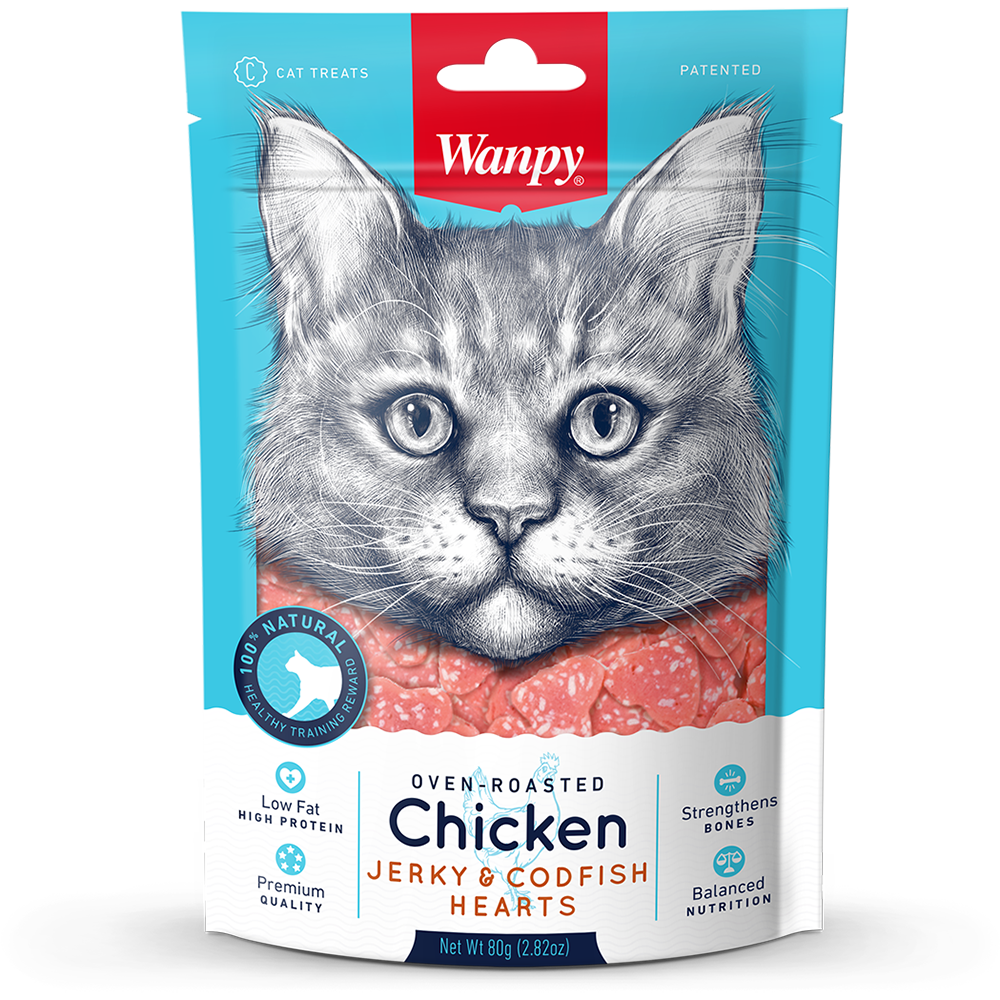 Wanpy Cat Oven-Roasted Chicken Jerky & Codfish Hearts 80g