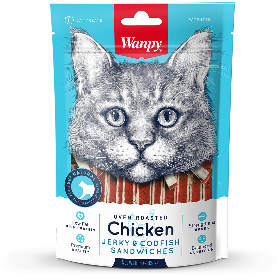 Wanpy Cat Oven-Roasted Chicken Jerky & Codfish Sandwiches 80g