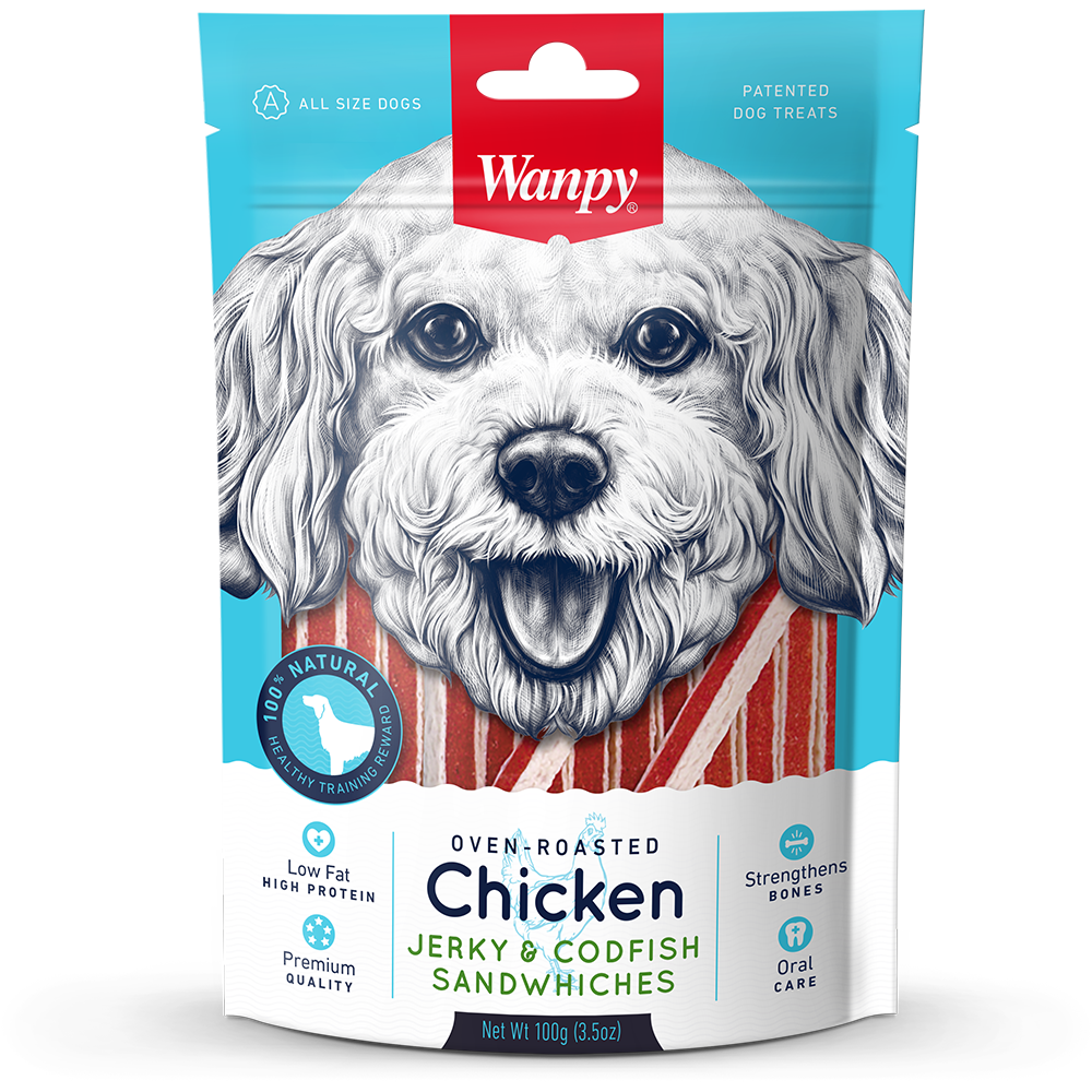 Wanpy Dog Oven-Roasted Chicken Jerky & Codfish Sandwiches 100g