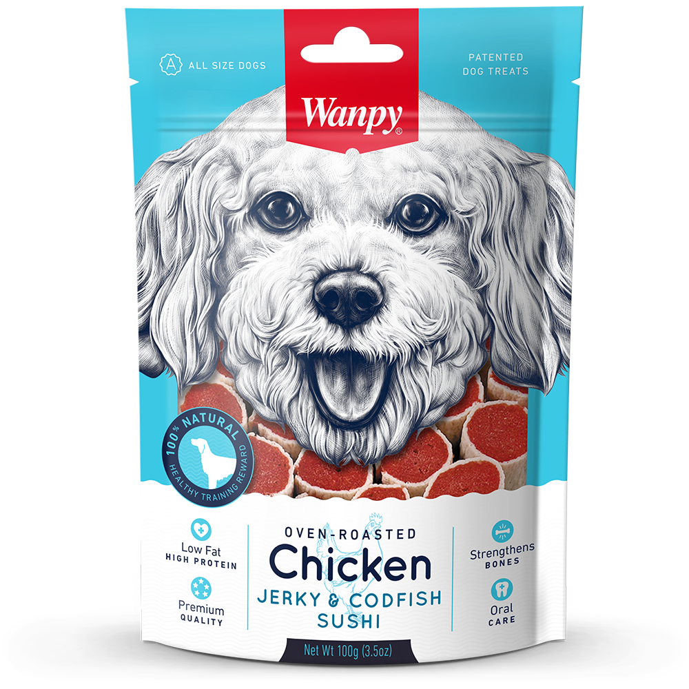 Wanpy Dog Oven-Roasted Chicken Jerky & Codfish Sushi 100g