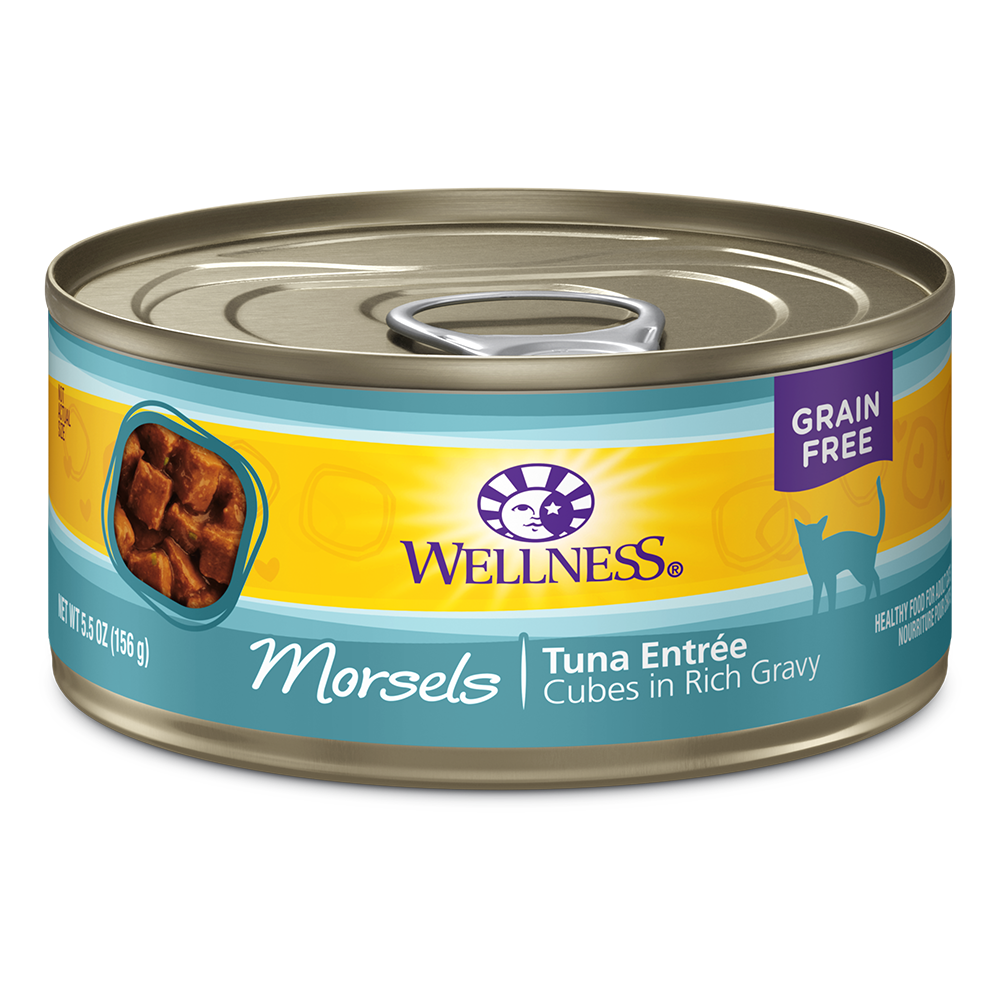 Wellness Cat Complete Health Morsels: Cubes in Rich Gravy Tuna Entree Grain-Free Canned Cat Food 5.5oz
