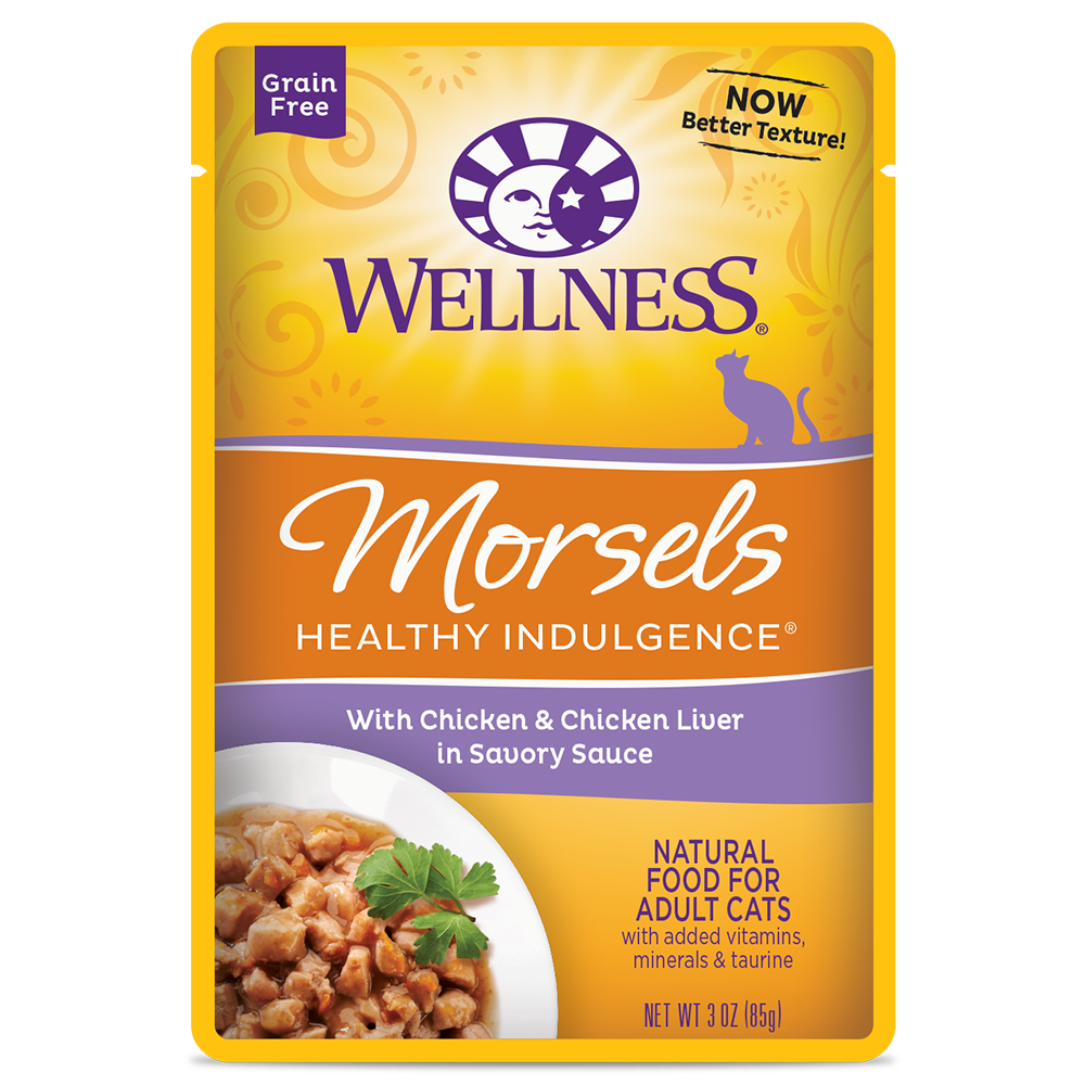 Wellness Healthy Indulgence Morsels: Chicken & Chicken Liver in Sauce Grain-Free Pouch Cat Food 3oz