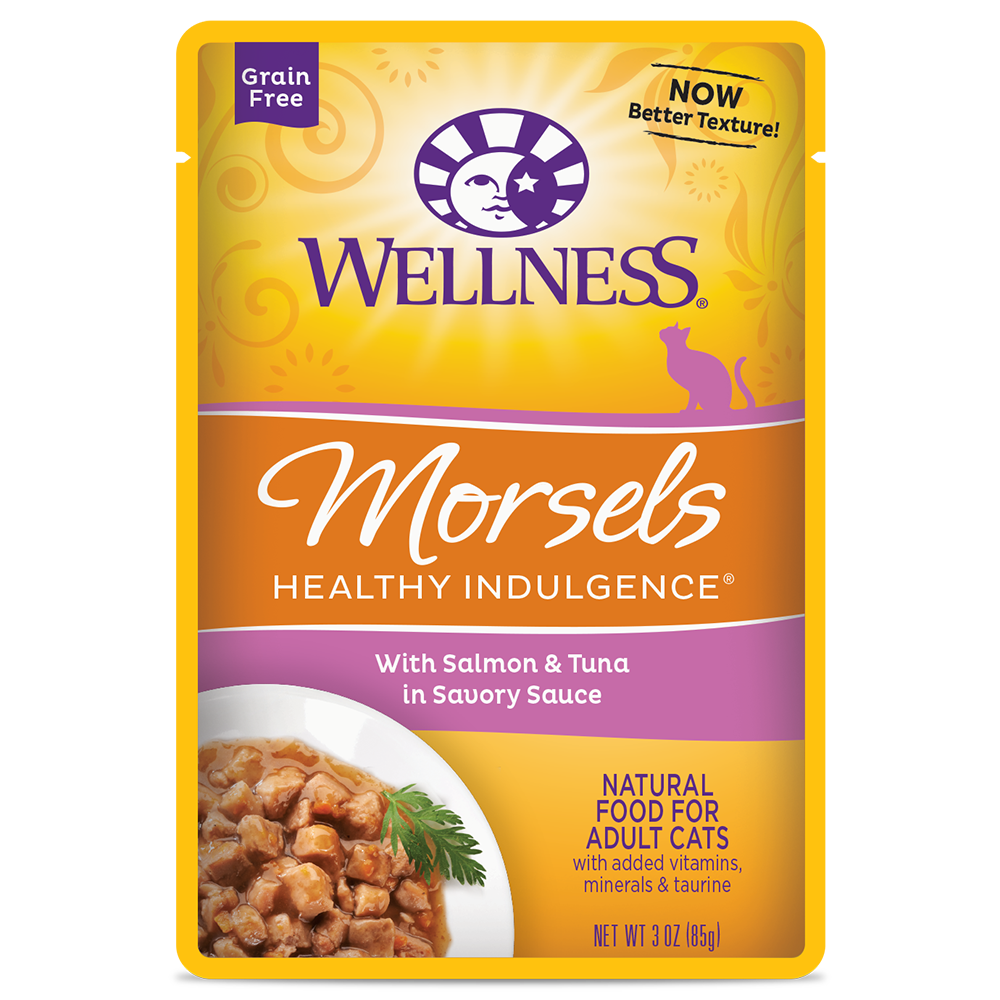 Wellness Healthy Indulgence Morsels: Salmon & Tuna in Sauce Grain-Free Pouch Cat Food 3oz