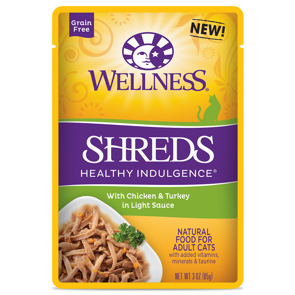 Wellness Healthy Indulgence Shreds: Chicken & Turkey in Light Sauce Grain-Free Pouch Cat Food 3oz