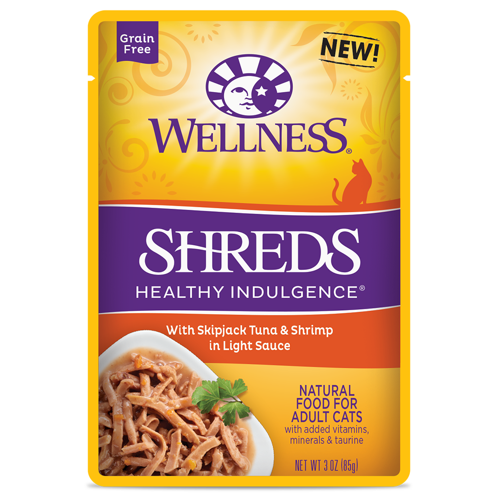 Wellness Healthy Indulgence Shreds: Skipjack Tuna & Shrimp in Light Sauce Grain-Free Pouch Cat Food 3oz