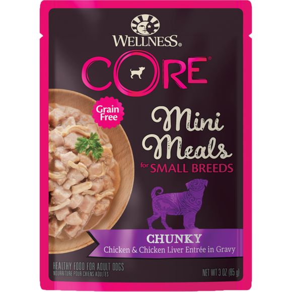Wellness Dog Core Small Breed Mini Meals: Chunky Chicken & Chicken Liver Entree In Gravy Grain-Free Pouch Dog Food 3oz