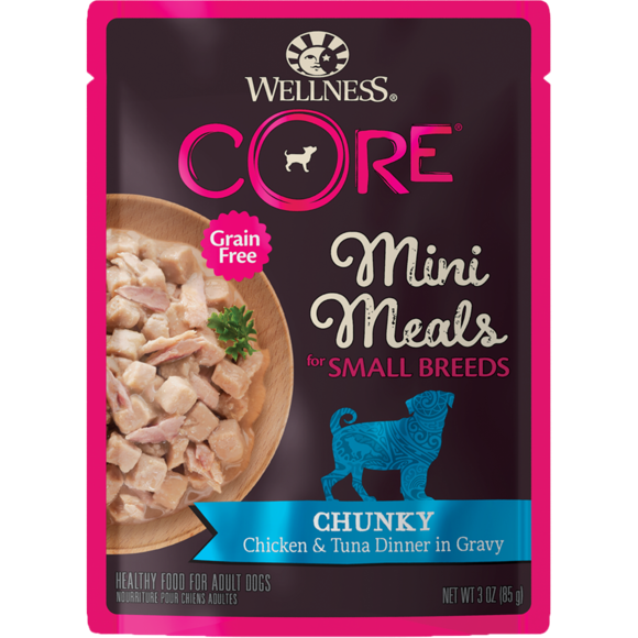 Wellness Dog Core Small Breed Mini Meals: Chunky Chicken & Tuna Dinner In Gravy Grain-Free Pouch Dog Food 3oz