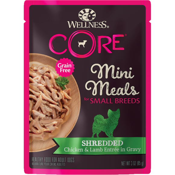 Wellness Dog Core Small Breed Mini Meals: Shredded Chicken & Lamb Entree In Gravy Grain-Free Pouch Dog Food 3oz