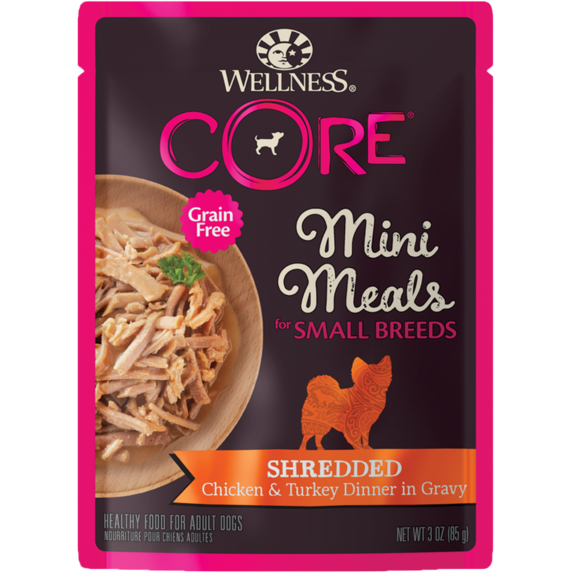 Wellness Dog Core Small Breed Mini Meals: Shredded Chicken & Turkey Dinner In Gravy Grain-Free Pouch Dog Food 3oz